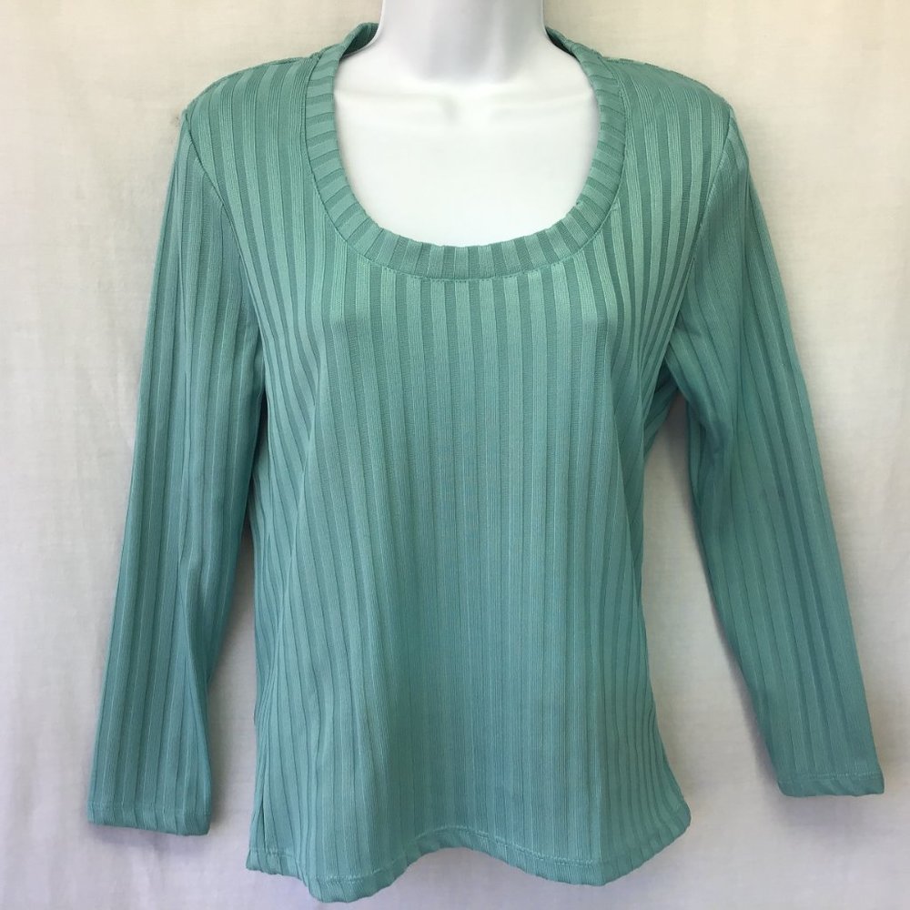Mango Basics Womens Top Teal Green Ribbed Scoop Neck Long Sleeve Pullover  NWT S